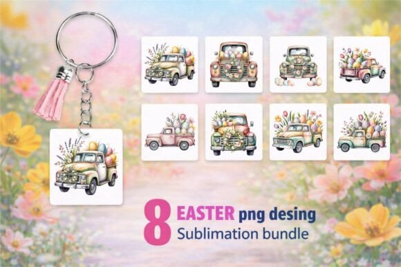 8 Easter Truck with Flowers and Eggs PNG Designs