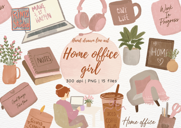 Elevate Your Creative Projects with Home Office Girl Hand Drawn Clipart PNG