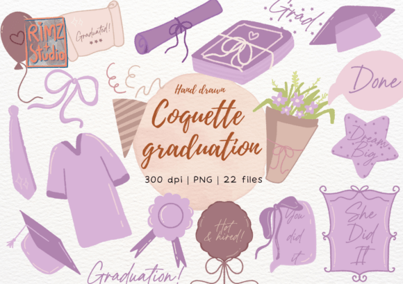 Hand-Drawn Coquette Graduation Elements for Creators